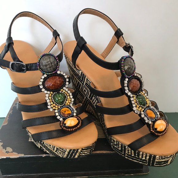 Dolce by Mojomoxy Wedge Platform Black Sandals - Picture 1 of 8